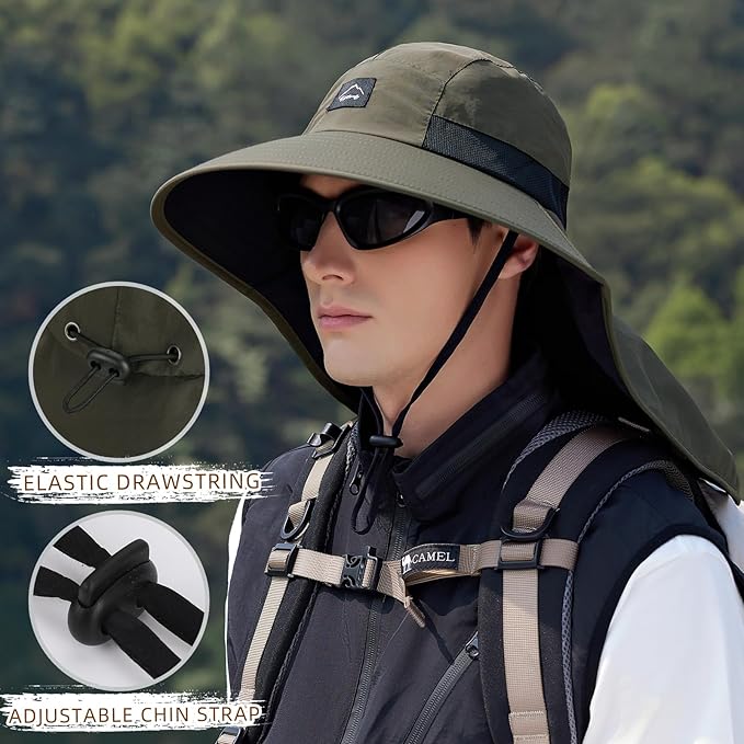 Rosoz Outdoor Sun Hat for Men Women, UPF50+ Protection Safari Cap Wide Brim Mesh Fishing Hat with Neck Flap Beach Garden