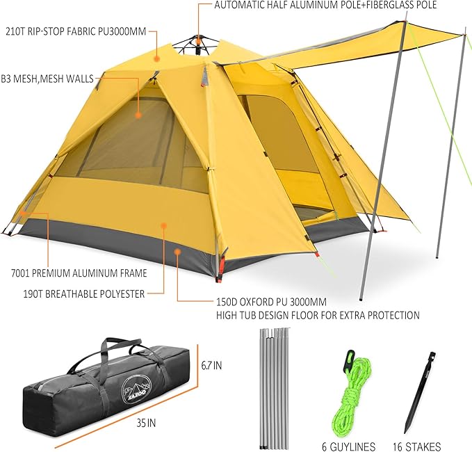 KAZOO Camping Tents 3 Person Waterproof Instant Tents 3 People Cabin Tent Easy Setup with Sun Shade Automatic Aluminum Pole