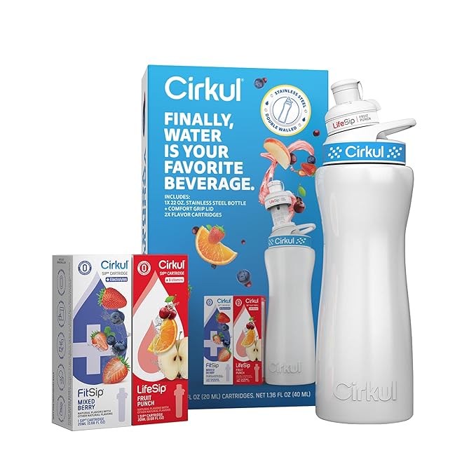 Cirkul 22oz. White Stainless Steel Water Bottle Starter Kit with Blue Lid, 2 Flavor Cartridges (1 LifeSip Fruit Punch and 1 FitSip Mixed Berry) No Sugar, Zero Calorie Drink Mix