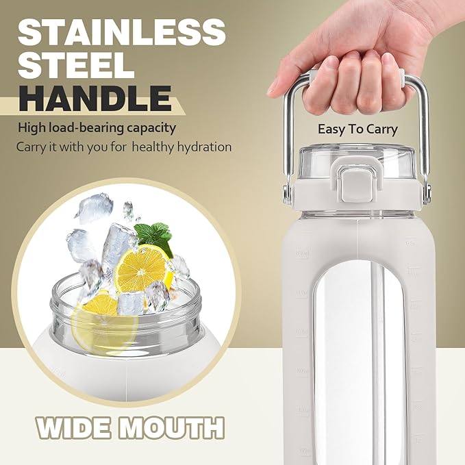 BLUEGO 64oz Water Bottle Glass with Stainless Steel Handle Large Water Bottle with Time Markers and Silicone Sleeve Half Gallon Water Jug BPA Free for Gym Daily Use, White