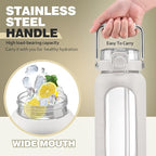 BLUEGO 64oz Water Bottle Glass with Stainless Steel Handle Large Water Bottle with Time Markers and Silicone Sleeve Half Gallon Water Jug BPA Free for Gym Daily Use, White