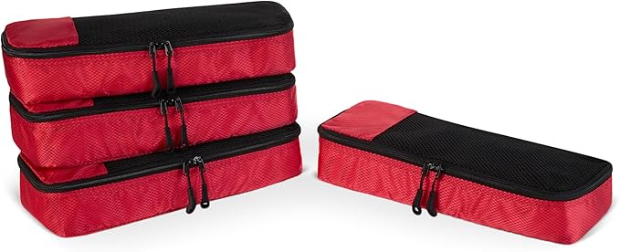 Amazon Essentials 4-Piece Packing Cubes Travel Accessories Set, Luggage Organizer with Double Zipper, Mesh Top, 100% Polyester, Slim, Red (Previously Amazon Basics)