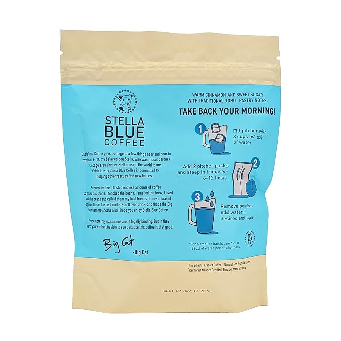 Stella Blue Cold Brew Coffee Packets, Cinnamon Sugar Donut, Medium Roast Ground Coffee, Warm Cinnamon, Sweet Sugar and Donut Pastry Notes, 100% Arabica, 6 Brew Packets, Makes 24 Bold Cups