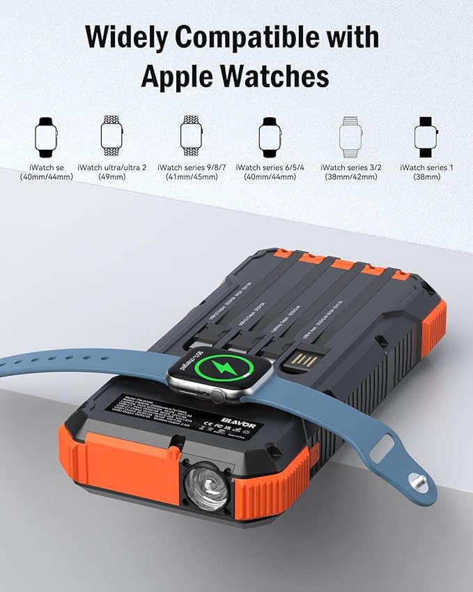 BLAVOR Solar Power Bank 74000mWh/20000mAh Built-in 4 Cables, 20W Fast Charging Portable Charger with USB C in/Output, Battery Pack for iPhone 16/15/14/13/12/11, iPad, Apple Watch, All Mobile Phones