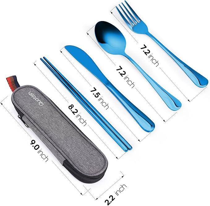 Travel Utensils with Case, Quatish Portable Silverware Set for Work, Stainless Steel Reusable Travel Cutlery Set, Fork and Spoon Set for Camping, Picnic, Gadgets, Lunch Box for Men, Blue