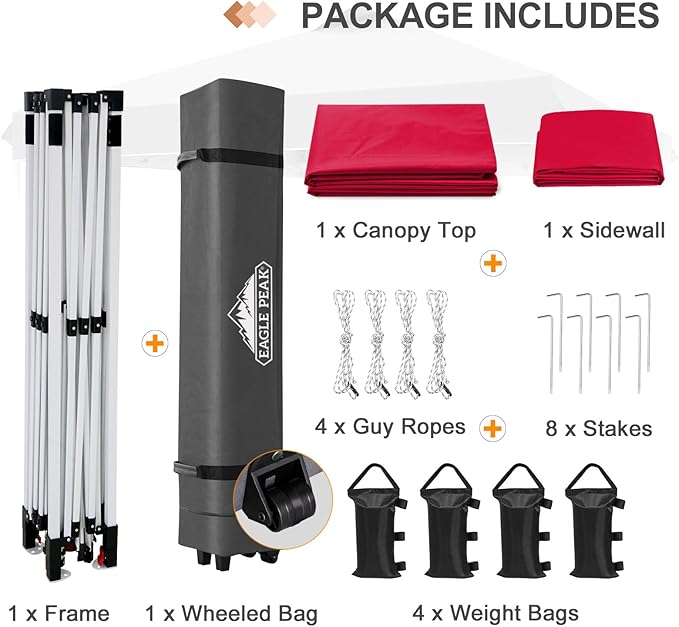 EAGLE PEAK Pop Up Canopy Tent with 1 Sidewall, Easy Setup Event Tent, Outdoor Sun Shade, Wheeled Carry Bag, Stakes and Guy Ropes, Instant Canopy 12x12, Red