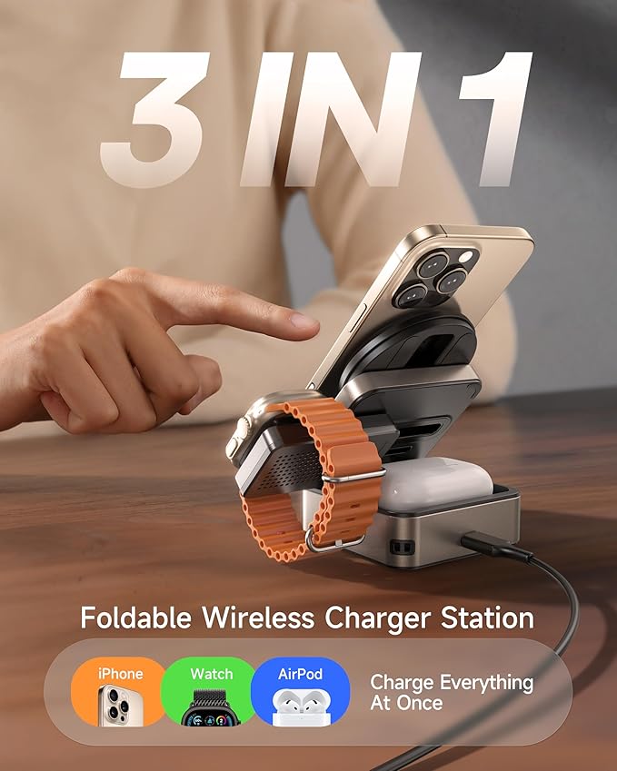 ZEEHOO 3-in-1 Foldable Magnetic Wireless Charging Station, Qi2 Certified 15W Travel Charger Stand Dock Wireless Charger for iPhone 17/16/15/14/13/12 Series, Apple Watch, AirPods (30W Adapter Included)