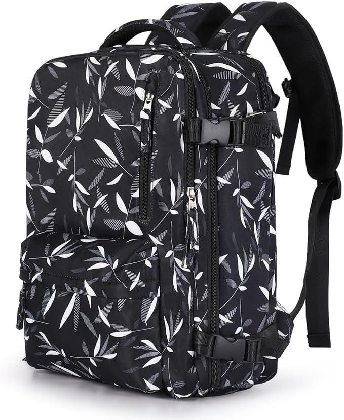WONHOX Large Travel Backpack Women, Carry On Backpack,Hiking Backpack Waterproof Outdoor Sports Rucksack Casual Daypack Fit 14 Inch Laptop with USB Charging Port Shoes Compartment, Leaves Black
