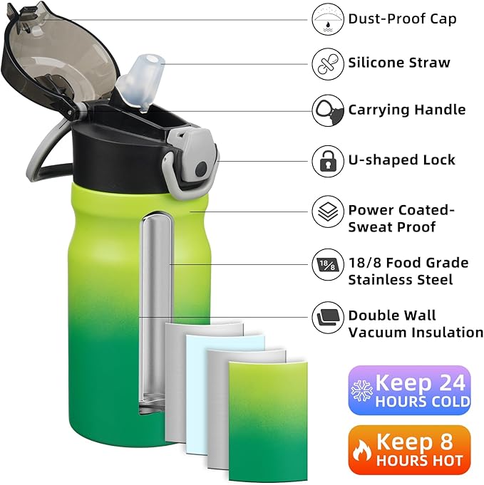 BJPKPK 14oz Insulated Water Bottle With Straw Stainless Steel Double Wall Water Bottles BPA Free Leak Proof Thermo With Lockable Flip Lid And Soft Silicone Spout,Bamboo Grove