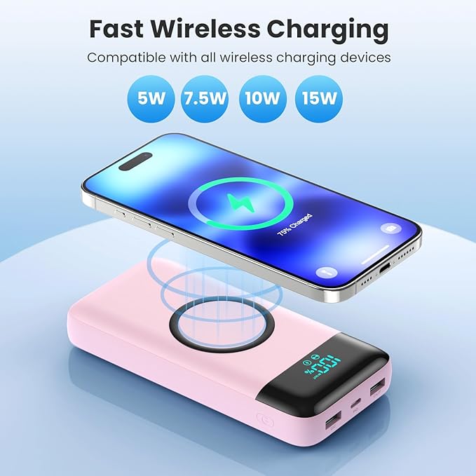 Wireless Portable Charger 40800mAh for iPhone with 3 Built-in Cables,7-in-1 15W Wireless Charging USB C Power Bank,LCD Display 25W PD QC 4.0 Fast Charging Battery Pack for iPhone 16/15/14/13/12-Pink