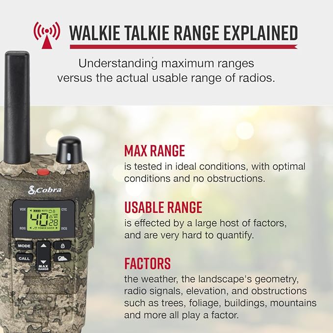 Cobra RX380TTC 2-Pack Walkie Talkies & Compatible Cobra GA-SV01 2P Surveillance Headset Microphones: Rechargeable, 40 Preset Channels, Long Range 32-Mile Two-Way Radio Set, Camo