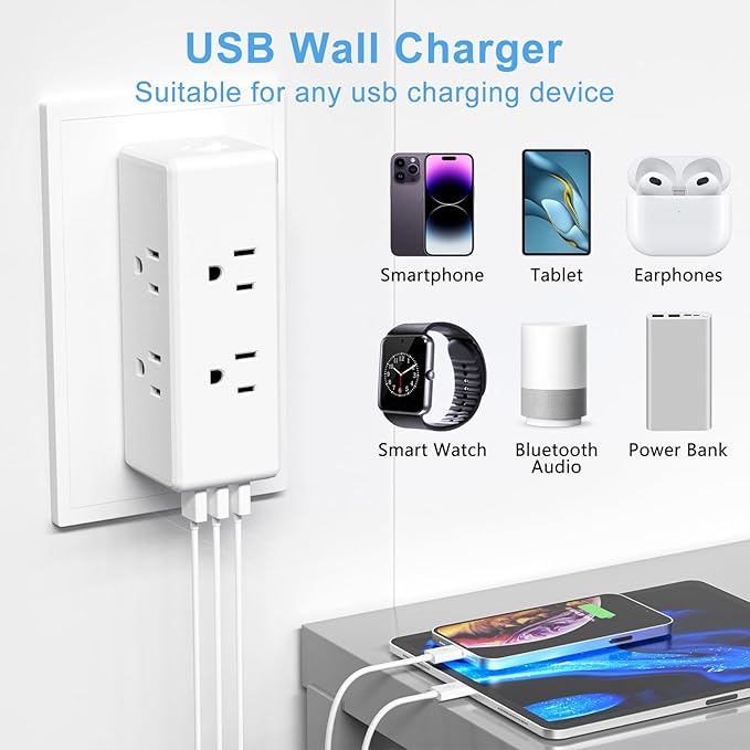 Multi Plug Outlet Extender with 6 Outlets & 3 USB Ports - MKSENSE Surge Protector Outlet Plug Adapter, Multi Plug Wall Outlet, 3-Sided Spaced Design for Home Office Travel (White)