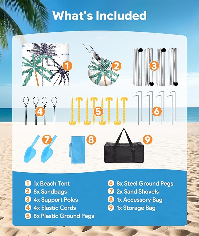 Beach Tent Sun Shelter, 10 x 10 FT Beach Canopy Tent Sun Shade, UPF50+ Tents Canopy with 8 Sandbags & 4 Stability Poles, Outdoor Tents for Camping Fishing, Boat