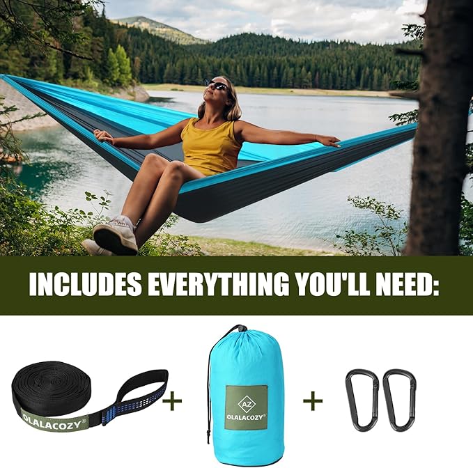 Camping Hammock,Camping Essentials,Lightweight Portable Double & Single Hammock with Tree Straps, Camping Gear for Outside Hiking Camping Beach Backpack Travel, Blue & Light Black, Medium