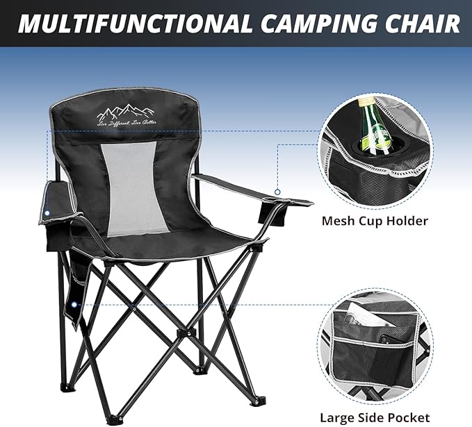 2PCS Mesh Folding Camping Chairs, Oversized Portable Outdoor Chairs, Weight Capacity 325 lbs with Cup Holder, Storage Pocket, Carry Bag Black