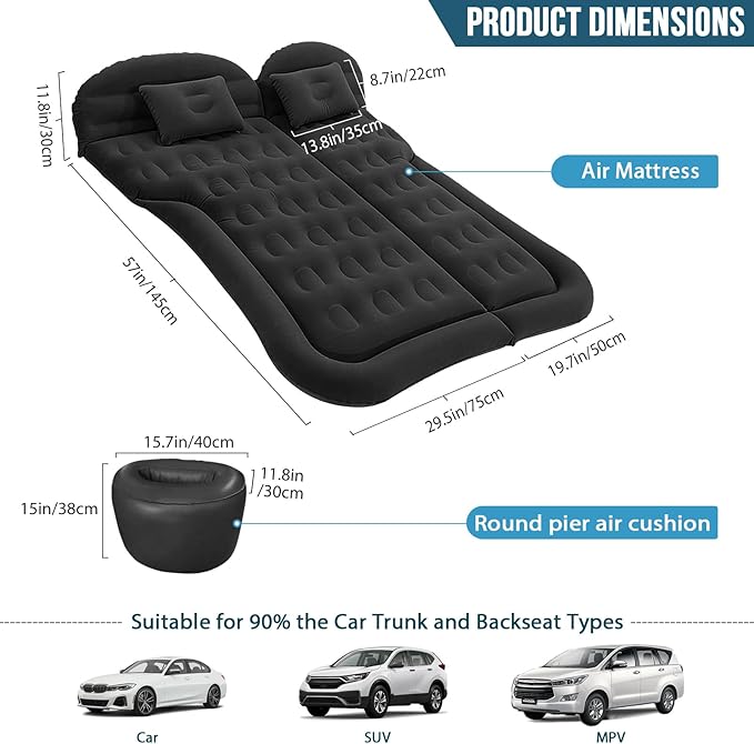 ISWEES Car Bed SUV Air Mattress, Car Air Mattress with Home Power Adapter, Electric Pump, 2 Inflatable Pillows and 2 Footrests for Back Seat, Side Seat,Trunk Sleeping, Thickened Camping Bed - Black