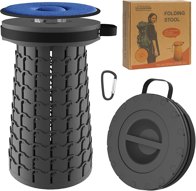 ALEVMOOM XXL Telescoping Stool with Cushion,Taller 19.7"Wider 11.8" Collapsible Chair More Sturdy Capacity 1000Ib,Portable Camping Adjustable Stool for Garden Fishing Hiking Mountain BBQ (Large Black)