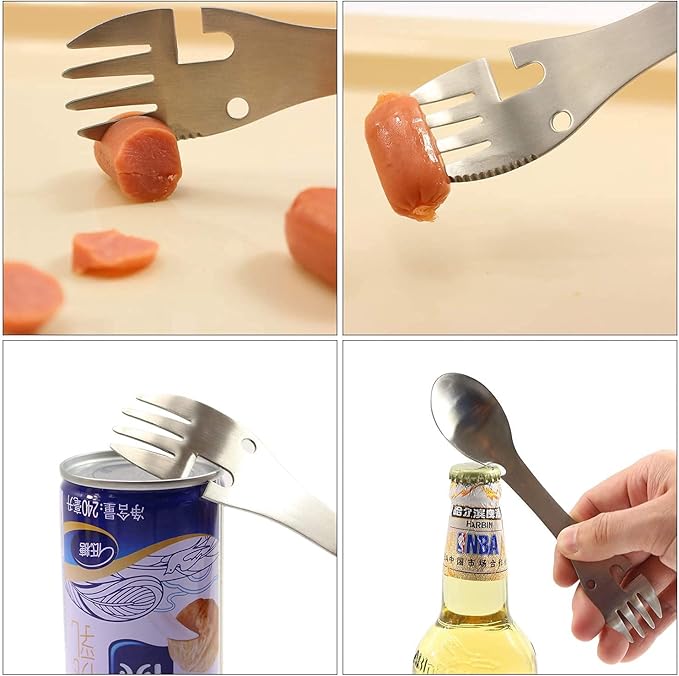 5 in 1 Stainless Steel Outdoor Cutlery - Spoon Fork Knife Bottle Can Opener for Camping Hiking Travel Multi-Purpose Cutlery (2 Pack)