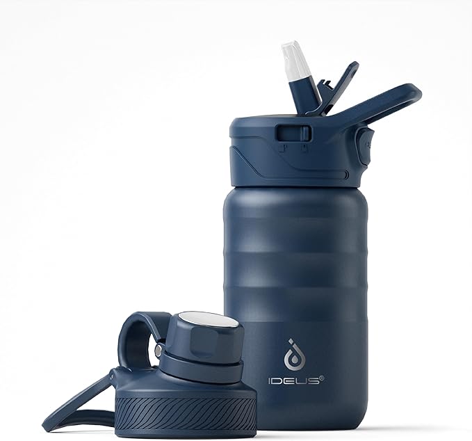 IDEUS Insulated Water Bottle 12oz, Stainless Steel Insulated Water Bottle For School, Insulated Bottles With Straws Leakproof, Vacuum Double Wall Water Bottles For Boys And Girls With 2 Lids, BPA Free