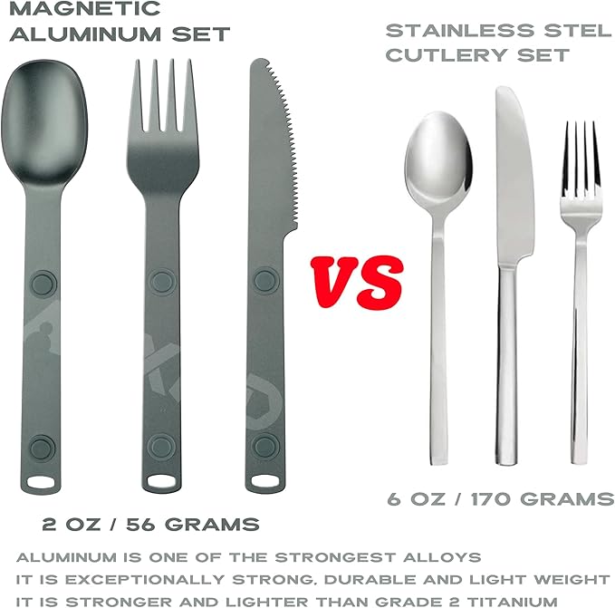 Magnetic Camping Utensils Set, Knife, Fork & Spoon Cutlery Set, Portable & Reusable Metal Aluminum Travel Flatware, 3-PACK, Gray