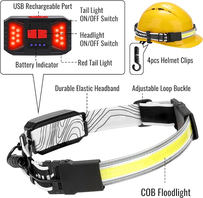Adelante LED Headlamp Flashlight, 1000LM 230Wide-Beam USB Rechargeable Head Light with Taillight(Individual Control) & 8 Clips Waterproof Headlight Headlamps for Running and Camping (2 Pack, Black)