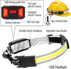Adelante LED Headlamp Flashlight, 1000LM 230°Wide-Beam Rechargeable Head Lamp for Adults, Red Taillight & 4 Clips Waterproof Hard Hat Light Headlamps for Running Hiking and Camping