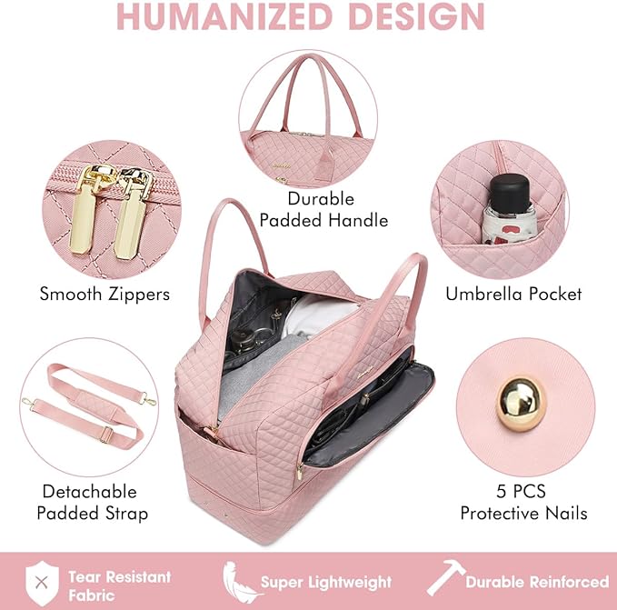 Large Women Travel Duffle Bag - Carry on Overnight Bag Weekend Travel Duffel Tote Bag Yoga Gym Bag with Wet Pocket Toiletry Weekender Overnight Bag for Travel Business Trips Sports Hospital Pink