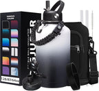 64OZ Stainless Steel Water Bottle with Paracord Handle, Straw/Spout Lid, Half Gallon Vacuum Insulated Water Flask Jug, Leak-Proof Large Sports Jug for Biking Travel Camping