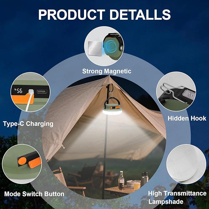 Outdoor Camping lamp Rechargeable lamp, Portable Lighting lamp. Equipped with 6 Brightness Settings, Tent lamp with Hook, Suitable for Power outages, Hiking, and Emergencies. (Army Green)