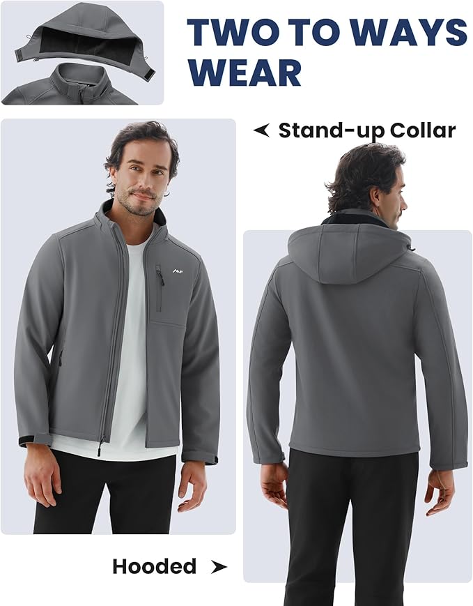 WULFUL Men's Softshell Jacket Waterproof Lightweight Insulated Windbreaker Fleece Lined Rain Shell Jacket for Hiking Travel