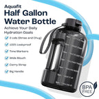 AQUAFIT Half Gallon Water Bottle with Time Marker - Straw & Chug Lid - BPA Free Gym Water Bottle with Straw - Big Gallon Jug (Midnight Gray, 64 oz - 2 Lids)