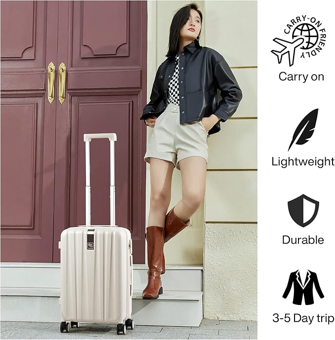 Hanke 20 Inch Carry On Luggage 22x14x9 Airline Approved Lightweight PC Hard Shell Suitcases with Wheels Travel Luggage Rolling Suitcase Travel Luggage Bag Christmas Gifts for Birthday(Ivory White)