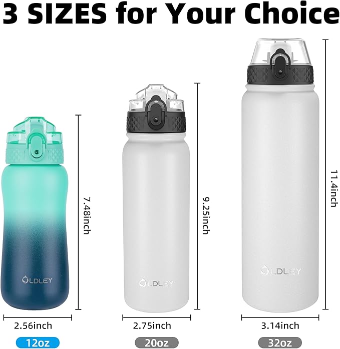 Oldley Insulated Water Bottle 12oz Kids Water Bottles with Straw, Stainless Steel Water Bottle with 2 Lids,Double Wall Vacuum Bottle, Leak-Proof Sport Bottles for School Travel, Caribbean Blue