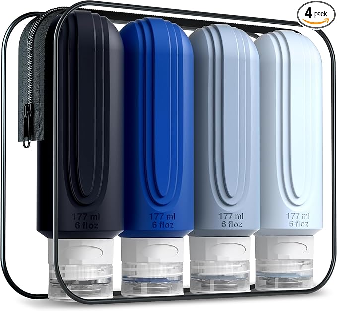 Mrsdry Travel Bottles for Toiletries, Large 6oz Oversize Containers, BPA Free Leak Proof Tubs Refillable Liquid Traveler Accessories with Toiletry Bag for Cometic Shampoo and Lotion Soap (4 Pack)