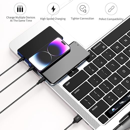 Multi Charging Cable(2pack 4ft), 3 in 1 Charger Cable Nylon Braided Phone Charger Cord, Universal Charging Cable with Type-C/Micro USB and IP Port, Compatible with Most Cell Phones and More