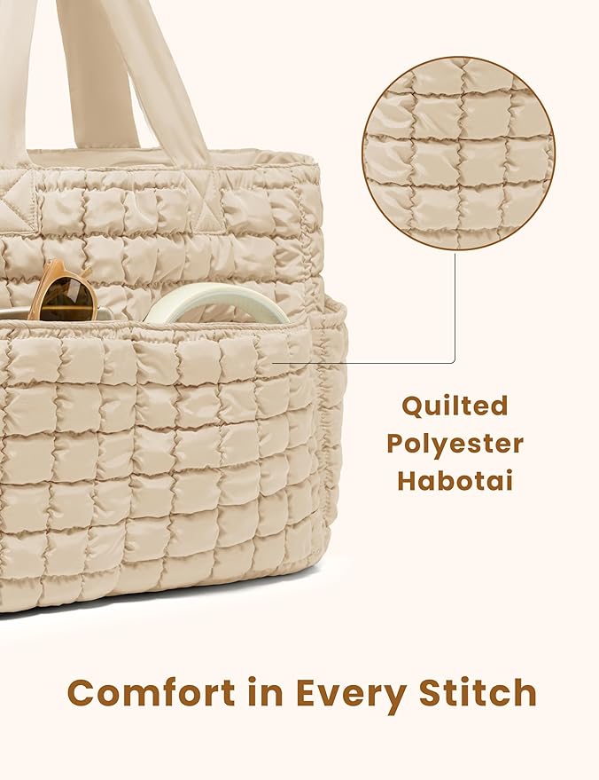 Yarnic Large Puffer Tote Bag for Women, Puffy Shoulder Handbag Quilted Tote Bag with 7 Pockets for Travel Work Gym