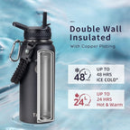 Trebo 32 oz Water Bottle Insulated with Lid and Straw,Double Wall Vacuum Stainless Steel Metal Tumbler Sports Flask with Paracord Handle, Keep Hot 24 Hours & Cold 48 Hours Water Cup with 3 Lids, Black