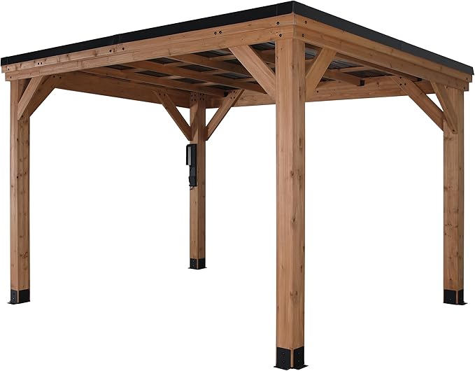 Backyard Discovery Arcadia 12' x 9.5' Cedar Wood Outdoor Gazebo Pavilion with Hardtop Galvanized Steel Slope Roof, Snow Support, Wind Resistance, PowerPort, Shade for Garden, Patio, Deck, Entertaining