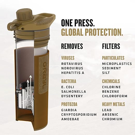 GRAYL GeoPress 24 oz Water Purifier Bottle - Filter for Hiking, Camping, Survival, Travel (Coyote Brown)