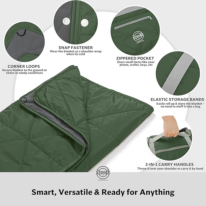 STOVER Waterproof Stadium Blanket – Portable Outdoor Camping Blanket for Travel, Picnics, or Sports – Warm, Windproof, Lightweight, and Packable (Alpine Green)