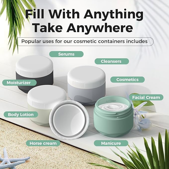 Travel Containers for Toiletries, 4-Pack TSA Approved Silicone Jars (2.5oz) - BPA Free Leakproof Cosmetic Containers for Creams, Lotion, Skincare & Makeup with Bonus Waterproof Bag