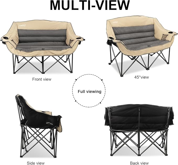 2 Person Fully Padded Camping Chair Oversized Loveseat Camping Chair Double Camping Chairs for Adults Heavy Duty Outdoor Camping Couch, Padded Seats & Armrests, 600Lbs, Beige