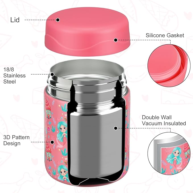 12oz Soup Thermo for Hot Food Kids Insulated Food Jar Wide Mouth Lunch Container Leak Proof Stainless Steel Vacuum Bento Box for School Office Travel Outdoors Pink-Mermaid