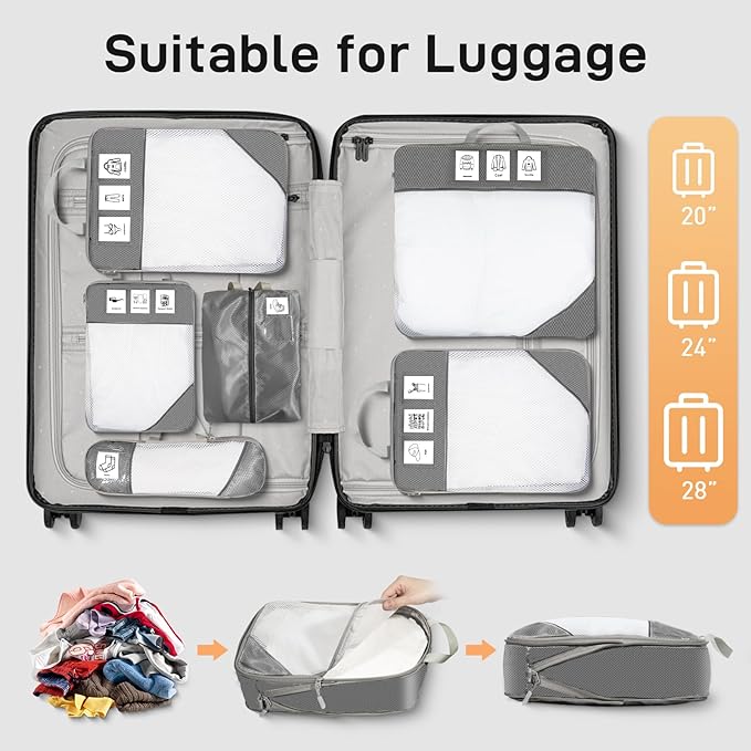 Compression Packing Cubes for Travel 6 Set Expandable Packing Organizers Durable Luggage Bags Organizers for Suitcases Travel Accessories (Gray)