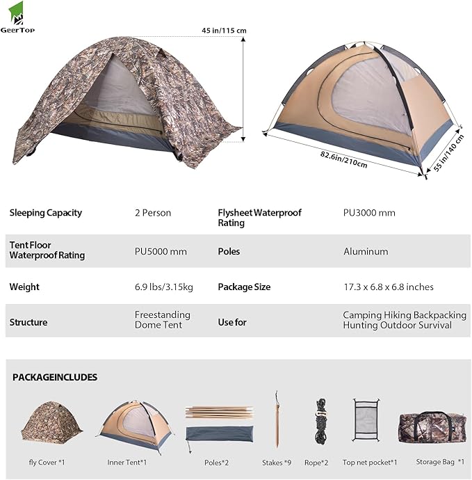 GEERTOP Ultralight 2 Person Backpacking Tent 4 Season Waterproof Camping Tent Double Layer Cold Weather Easy Set Up Tents for Family Camp, Hiking, Hunting Outdoor Mountaineering Travel