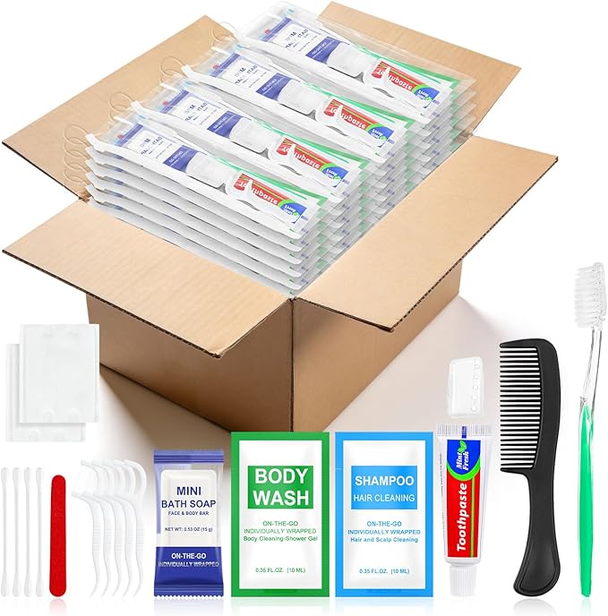 100 Sets Personal Hygiene Kit Bulk,10-IN-1 Green Individually Wrapped Disposable Travel Toothbrushes and Hotel Vanity Set Basic Toiletry Supplies for Homeless,Guests,Charity