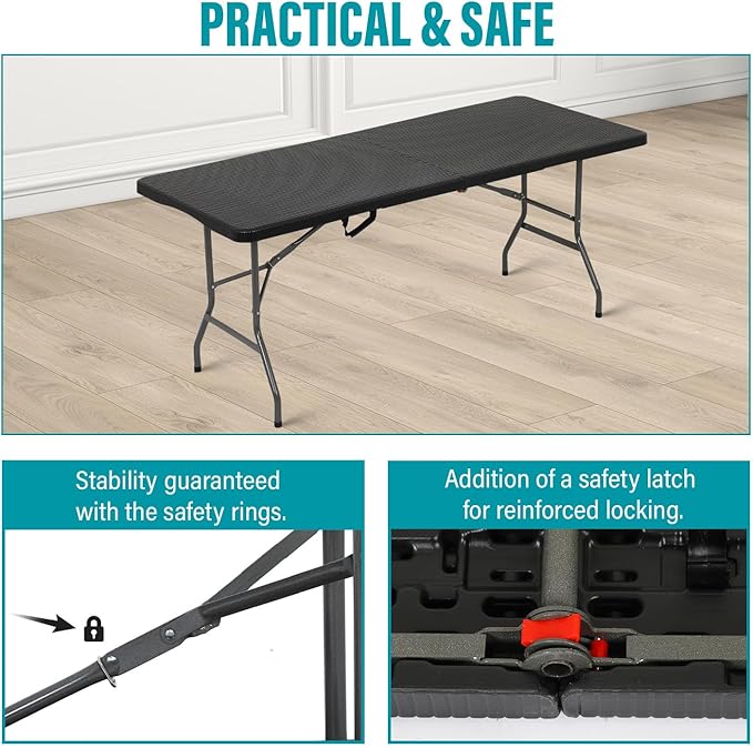 FDW Folding Table Half Portable Foldable Table for Parties Backyard Events (Black Ratten, 6 FT)