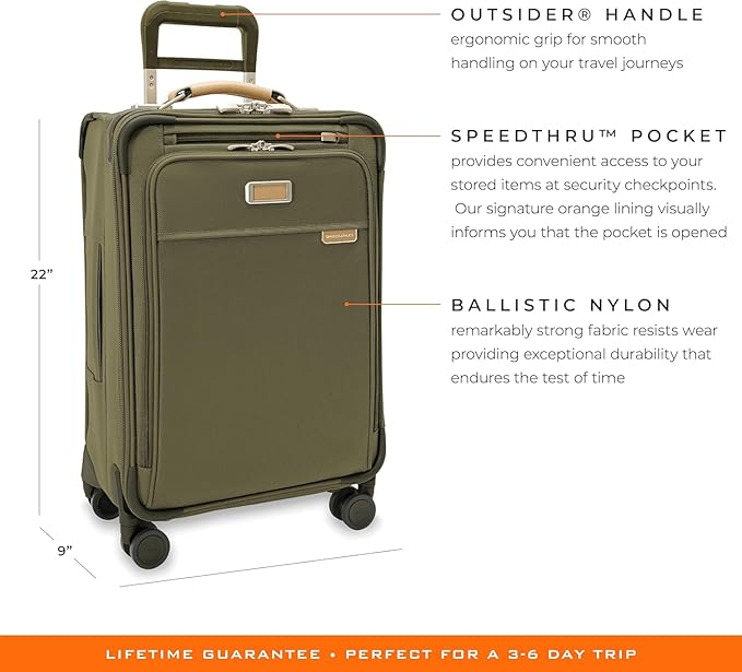 Briggs & Riley Essential 22" Carry On Expandable Spinner - Luggage for Travel, Suitcases with Wheels, Softside Rolling Bag for Men & Women, Self-Repairing Zipper - Baseline Collection, Olive