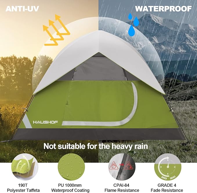 HAUSHOF 2/4-Person Family Dome Tent with Removable Rain-Fly, Easy Set Up Portable Camping Tent for Backpacking Hiking Backyard Outdoor, Green/Blue/2-person/4-person