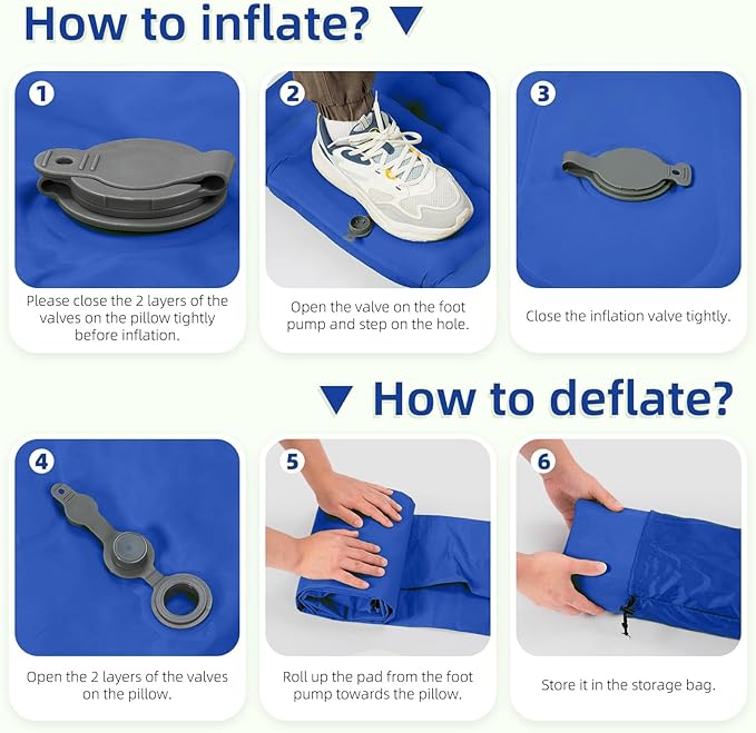 Double Sleeping Pad Camping, Self Inflating 6'' Extra-Thick 2 Person Pillow Built-in Foot Pump Waterproof Inflatable Sleeping Mat Backpacking, Tent, Hiking, Portable Camping Pad